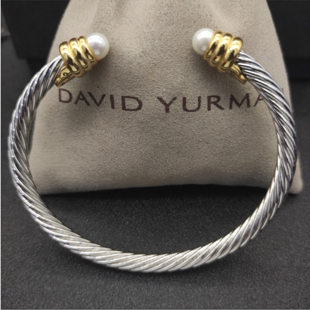 David Yurman Silver Cable Cuff Bracelet with Gold Accents and Pearl Ends 5mm